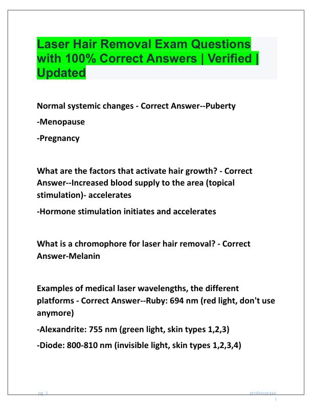 Laser Hair Removal Exam Questions with 100% Correct Answers