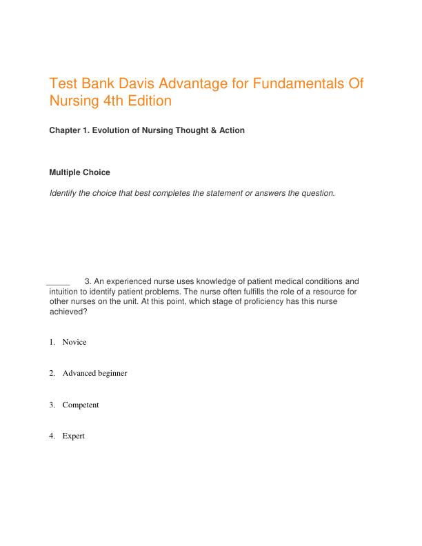 Test Bank Davis Advantage for Fundamentals Of Nursing 4th Edition