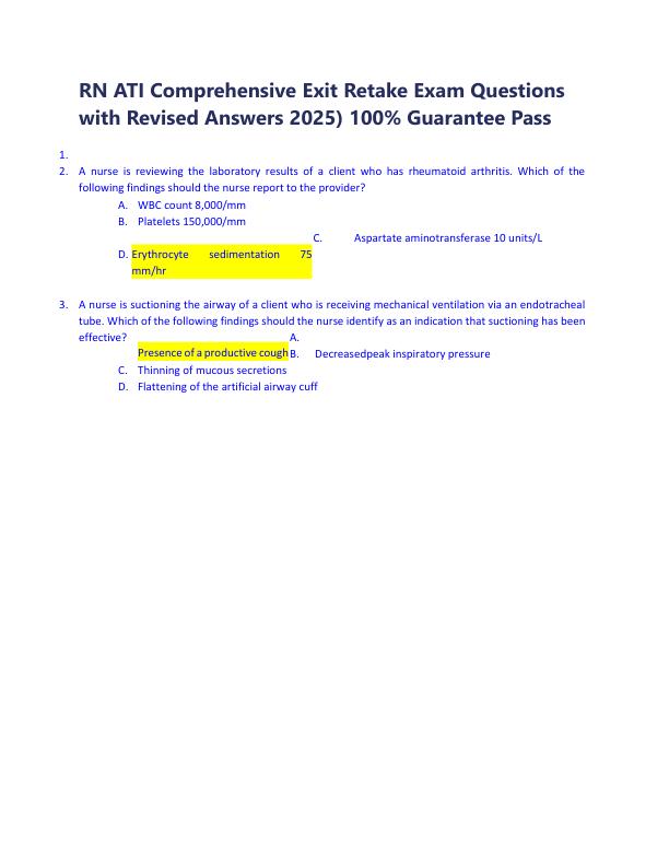 RN ATI Comprehensive Exit Retake Exam Questions with Revised Answers 2025) 100% Guarantee Pass