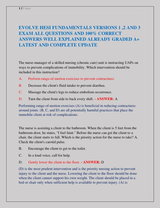 EVOLVE HESI FUNDAMENTALS VERSIONS 1 ,2 AND 3 EXAM ALL QUESTIONS AND 100% CORRECT ANSWERS WELL EXPLAINED ALREADY GRADED A+ LATEST AND COMPLETE UPDATE