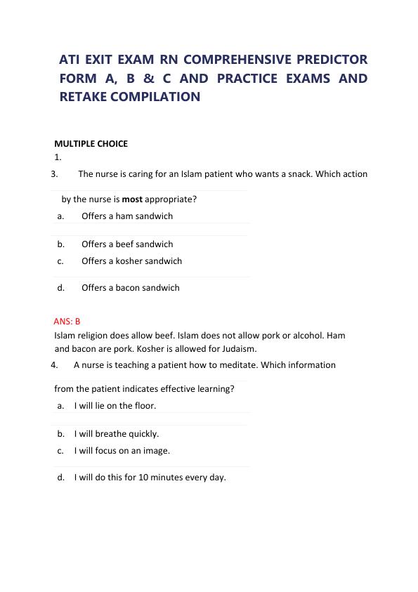 ATI EXIT EXAM RN COMPREHENSIVE PREDICTOR FORM A, B & C AND PRACTICE EXAMS AND RETAKE COMPILATION