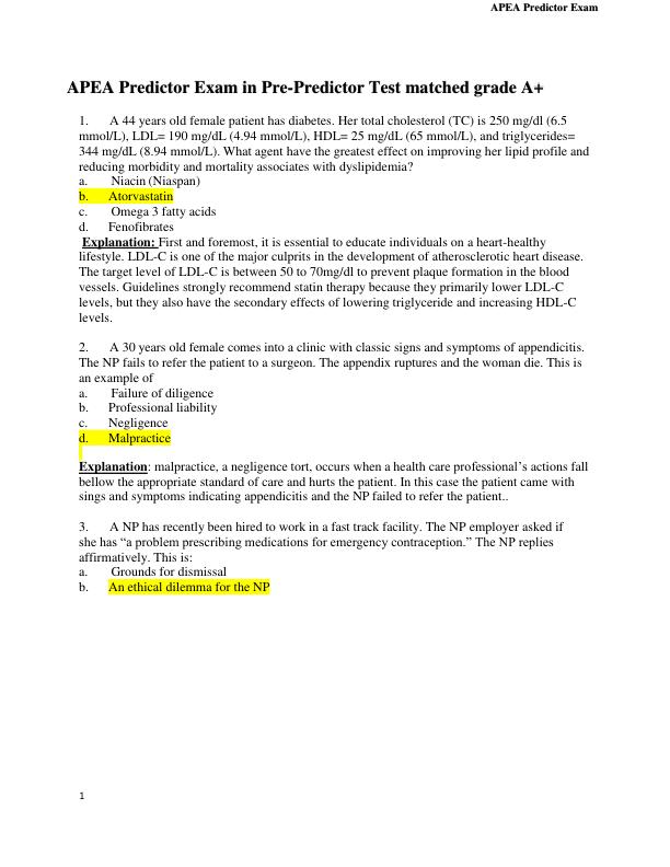 APEA Predictor Exam in Pre-Predictor Test matched grade A+