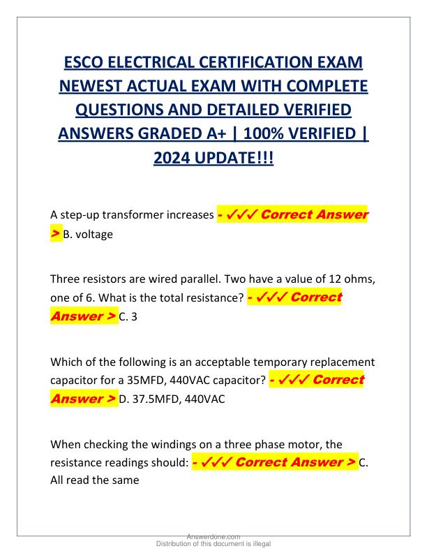 ESCO ELECTRICAL CERTIFICATION EXAM NEWEST ACTUAL EXAM WITH COMPLETE QUESTIONS AND DETAILED VERIFIED ANSWERS GRADED A.pdf