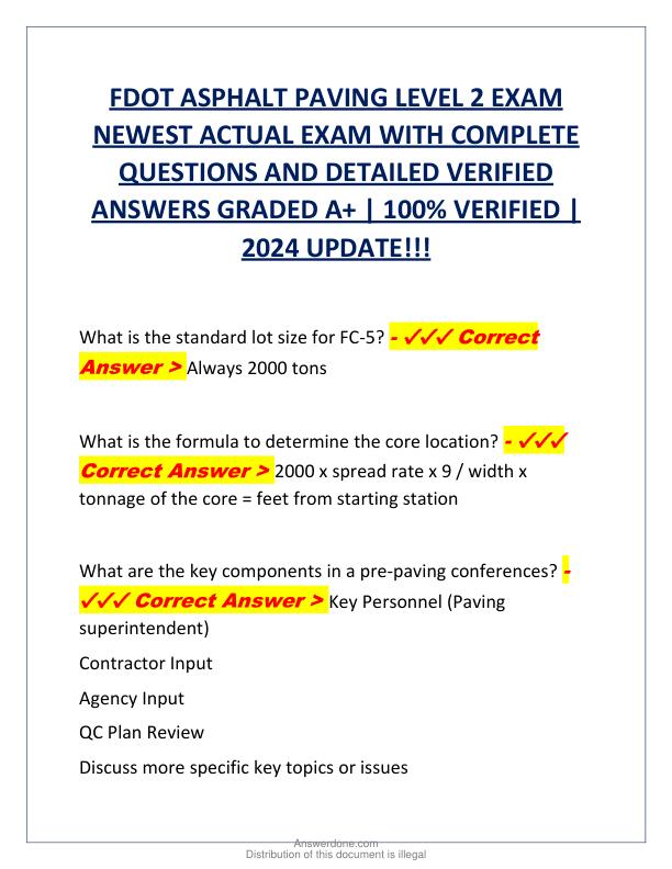 FDOT ASPHALT PAVING LEVEL 2 EXAM NEWEST ACTUAL EXAM WITH COMPLETE QUESTIONS AND DETAILED VERIFIED ANSWERS GRADED A.pdf