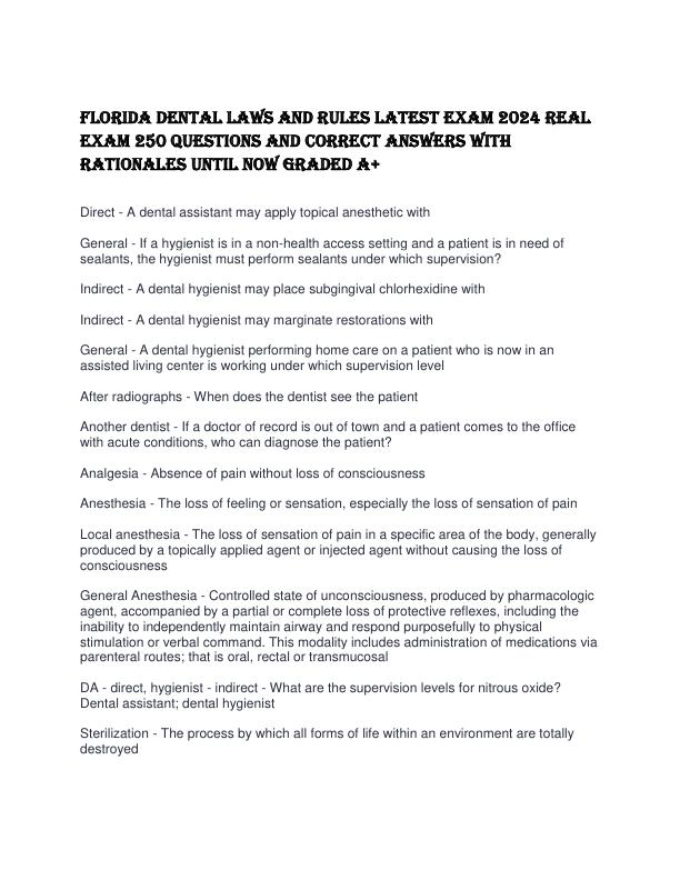 FLORIDA DENTAL LAWS AND RULES LATEST EXAM 2024 REAL EXAM 250 QUESTIONS AND CORRECT ANSWERS WITH RATIONALES UNTIL NOW GRADED A
