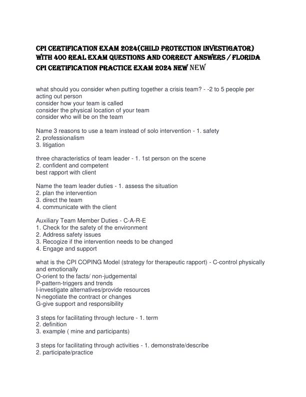 CPI CERTIFICATION EXAM questions and answers