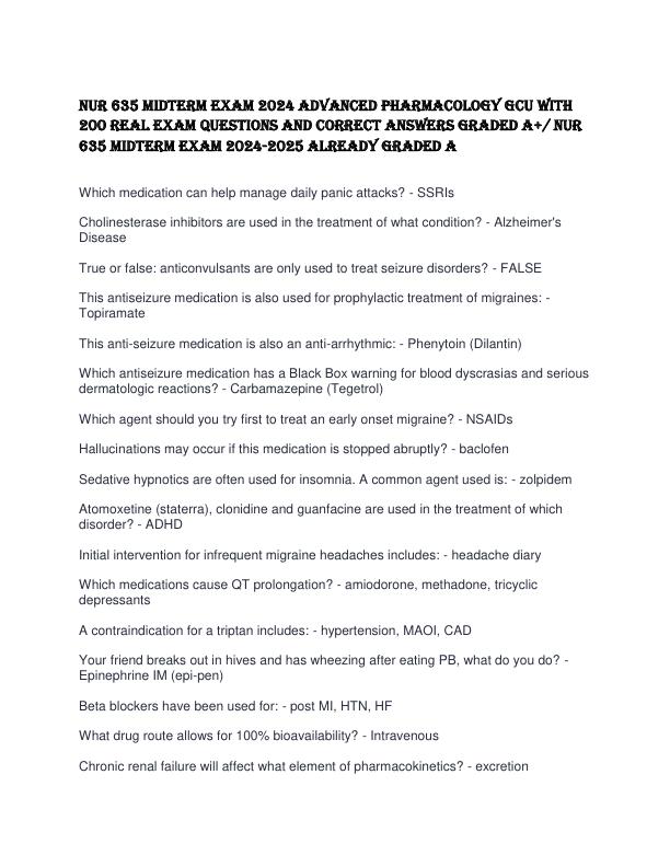 NUR 635 MIDTERM EXAM ADVANCED PHARMACOLOGY GCU WITH 200 REAL EXAM QUESTIONS AND CORRECT ANSWERS GRADED A