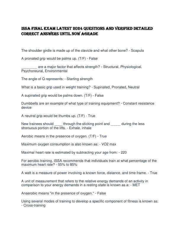 ISSA FINAL EXAM LATEST 2024 QUESTIONS AND VERIFIED DETAILED CORRECT ANSWERS UNTIL NOW AGRADE
