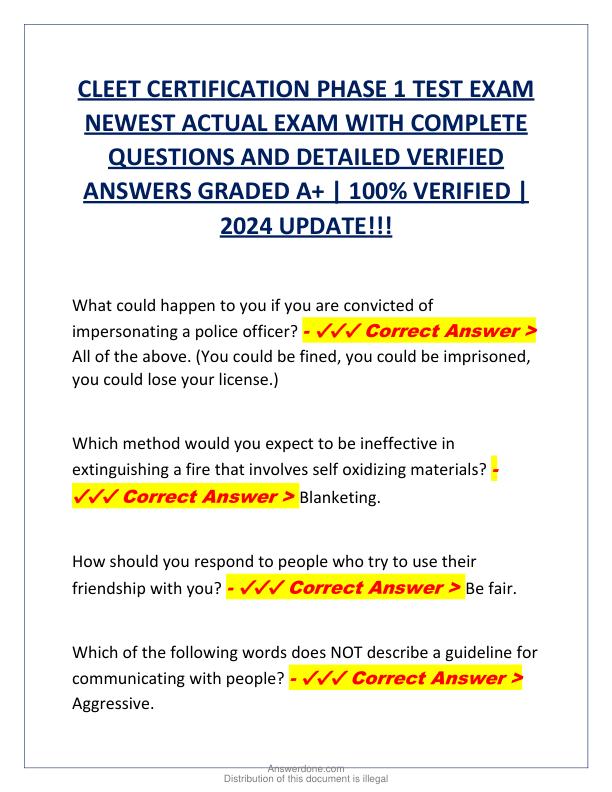 CLEET CERTIFICATION PHASE 1 TEST EXAM NEWEST ACTUAL EXAM WITH COMPLETE QUESTIONS AND DETAILED VERIFIED ANSWERS GRADED A.pdf