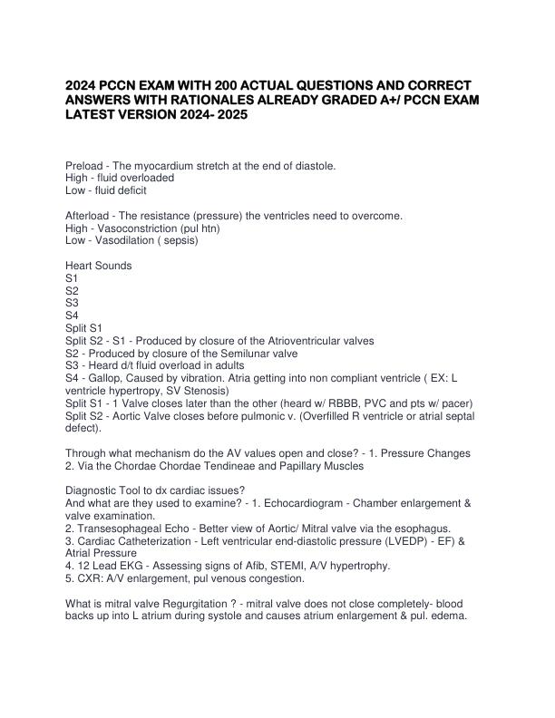 2024 PCCN EXAM WITH 200 ACTUAL QUESTIONS AND CORRECT ANSWERS WITH RATIONALES ALREADY GRADED A