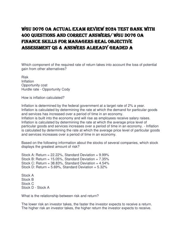 WGU D076 OA ACTUAL EXAM REVIEW TEST BANK WITH 400 QUESTIONS AND CORRECT ANSWERS