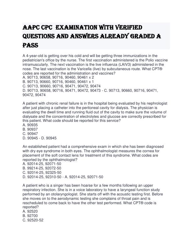 AAPC CPC  EXAMINATION WITH VERIFIED QUESTIONS AND ANSWERS ALREADY GRADED A PASS