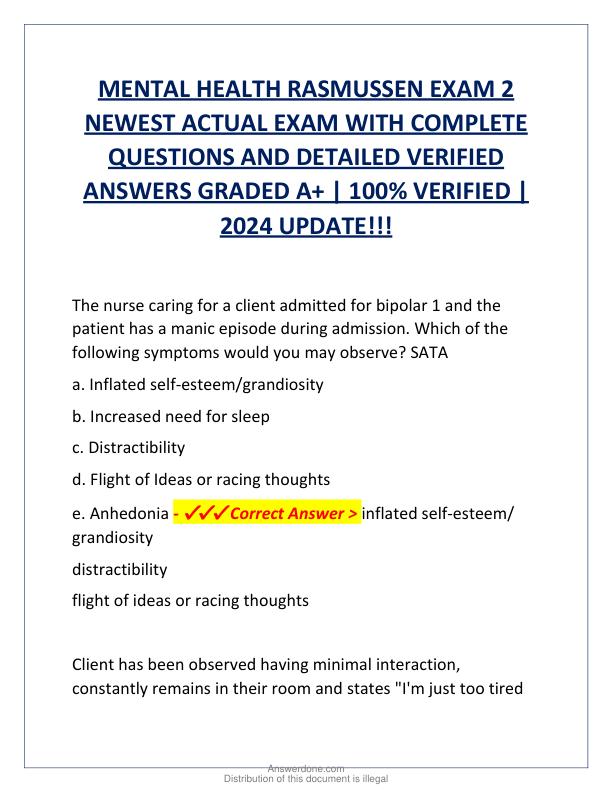 MENTAL HEALTH RASMUSSEN EXAM 2 NEWEST ACTUAL EXAM WITH COMPLETE QUESTIONS AND DETAILED VERIFIED ANSWERS GRADED A.pdf