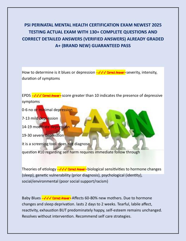 PSI PERINATAL MENTAL HEALTH CERTIFICATION EXAM NEWEST 2025 TESTING ACTUAL EXAM WITH 130
