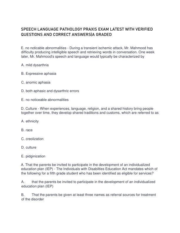 SPEECH LANGUAGE PATHOLOGY PRAXIS EXAM LATEST WITH VERIFIED QUESTIONS AND CORRECT