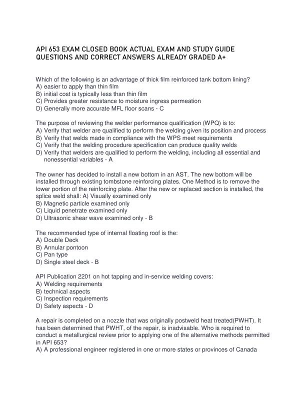 API 653 EXAM CLOSED BOOK ACTUAL EXAM AND STUDY GUIDE QUESTIONS AND CORRECT ANSWERS ALREAD