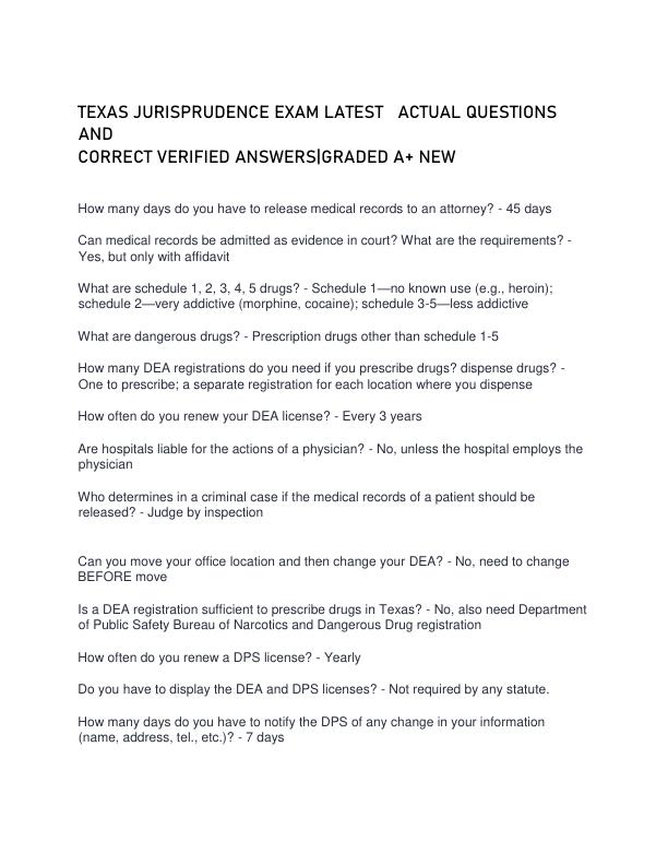 TEXAS JURISPRUDENCE EXAM LATEST ACTUAL QUESTIONS AND CORRECT VERIFIE