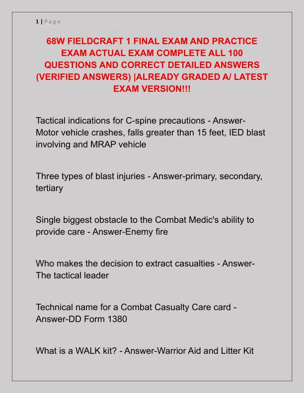 68W FIELDCRAFT 1 FINAL EXAM AND PRACTICE EXAM ACTUAL EXAM COMPLETE ALL 100 QUESTIONS AND CORRECT DETAILED ANSWERS