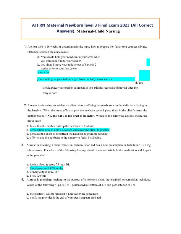 ATI RN Maternal Newborn level 3 Final Exam 2023 (All Correct Answers) (1) (2)