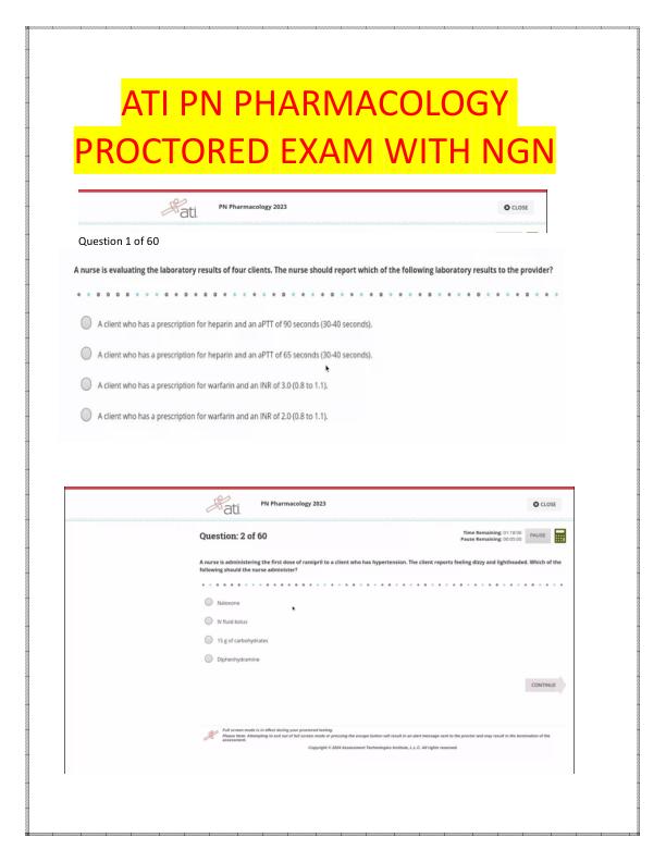 ATI PN PHARMACOLOGY PROCTORED EXAM WITH NGN