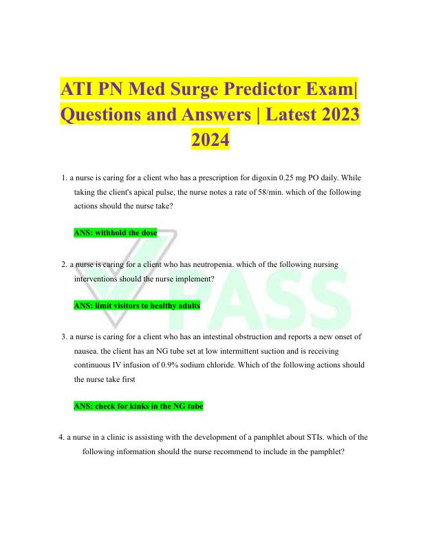 ATI PN Med Surge Exam Questions and Answers Latest, ATI PN Med Surge Predictor Exam retake Latest Version