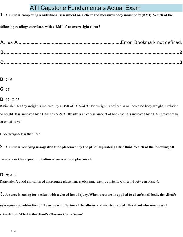 ATI Capstone Fundamentals Actual Exam  All Questions and Answers Graded A+ Latest Update