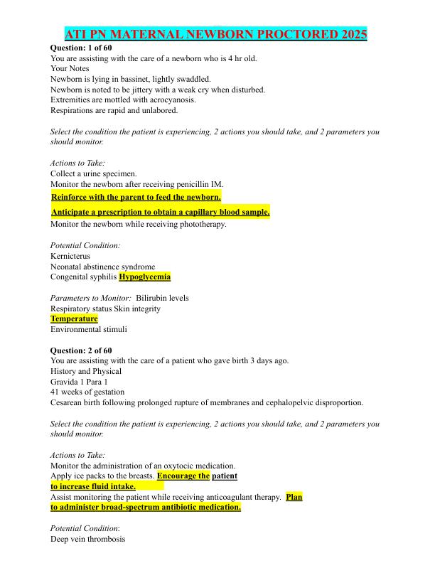 ATI PN Maternal Newborn Proctored Exam Test Bank 2025 With NGN 60 Questions