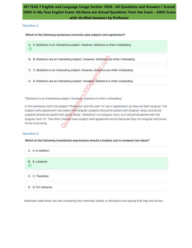 ATI TEAS 7 English and Language Usage Section Achieved 100% with Professor-Verified Answers Actual ATI TEAS 7 2024 Exam Assures Pass on First Attempt