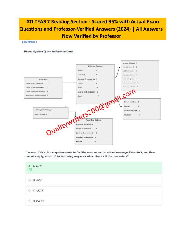 ATI TEAS 7 Reading 2024 Scored 95% with Actual Exam Questions & Professor-Verified Answers  Guaranteed Pass on First Attempt