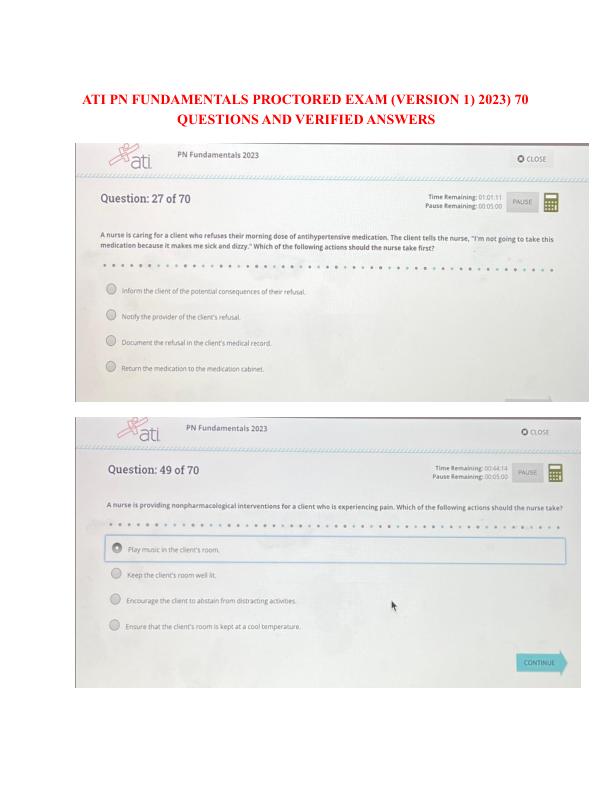 ATI PN FUNDAMENTALS PROCTORED EXAM 2023 70 QUESTIONS AND VERIFIED ANSWERS (SCREENSHOTS).