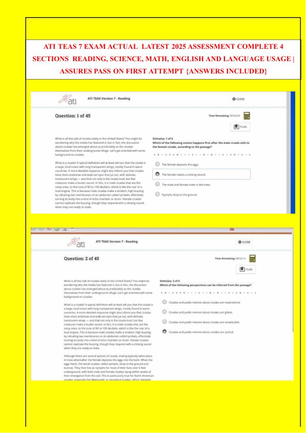 ATI TEAS 7 EXAM ACTUAL  LATEST 2024 ASSESSMENT COMPLETE 4 SECTIONS  READING, SCIENCE, MATH, ENGLISH AND LANGUAGE USAGE ASSURES PASS ON FIRST ATTEMPT {ANSWERS INCLUDED}