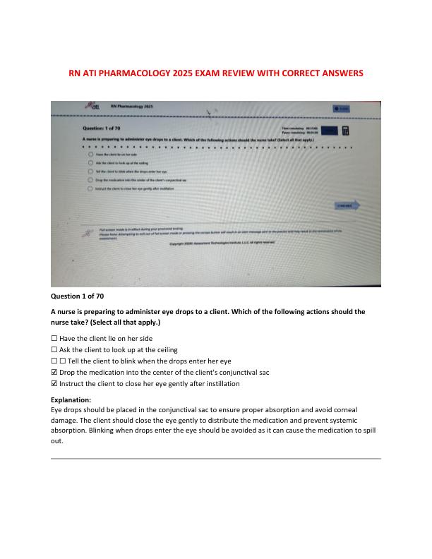 ATI RN Pharmacology Actual 2025 Expected Proctored Exam with NGN | All 70 Screenshot Questions and Answers | Guarantee 100% Score on the 2025 RN ATI Pharmacology Proctored Exam