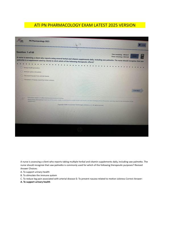 ATI PN Pharmacology Actual 2025 Expected Proctored Exam with NGN | All 70 Screenshot Questions and Answers | Guarantee 100% Score on the 2025 PN ATI Pharmacology Proctored Exam