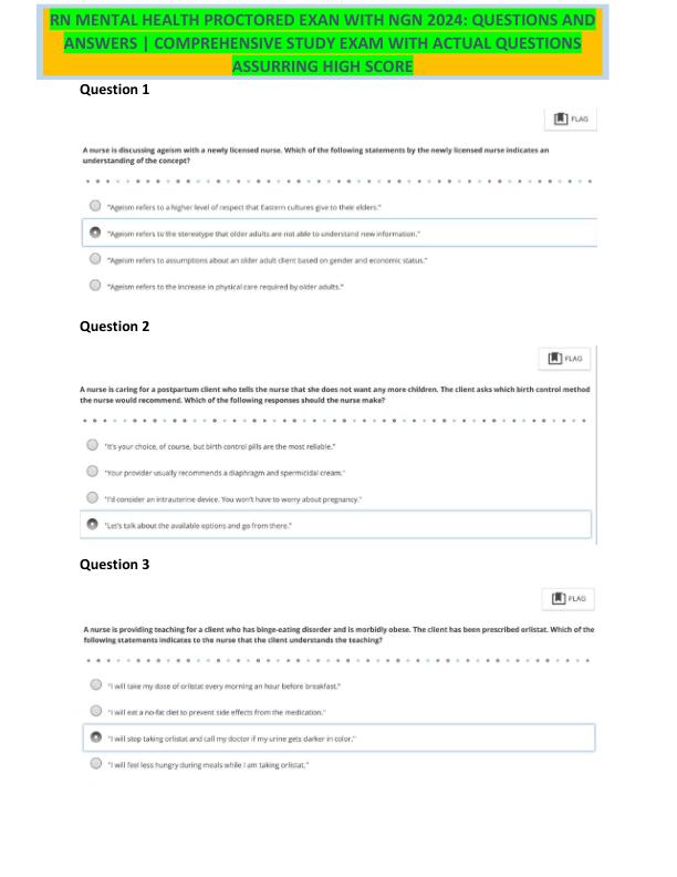 RN MENTAL HEALTH PROCTORED EXAN WITH NGN 2024 QUESTIONS AND ANSWERS COMPREHENSIVE STUDY EXAM WITH ACTUAL QUESTIONS ASSURRING HIGH SCORE
