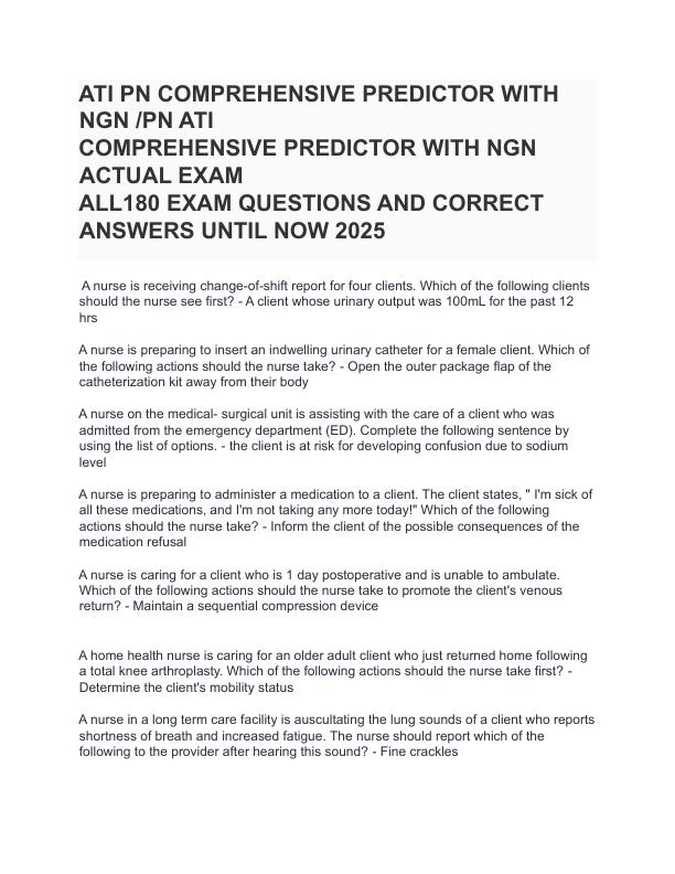mobile-preview-ATI PN COMPREHENSIVE PREDICTOR WITH NGN PN ATI COMPREHENSIVE PREDICTOR WITH NGN ACTUAL EXAM ALL180 EXAM QUESTIONS AND CORRECT ANSWERS UNTIL NOW 2025