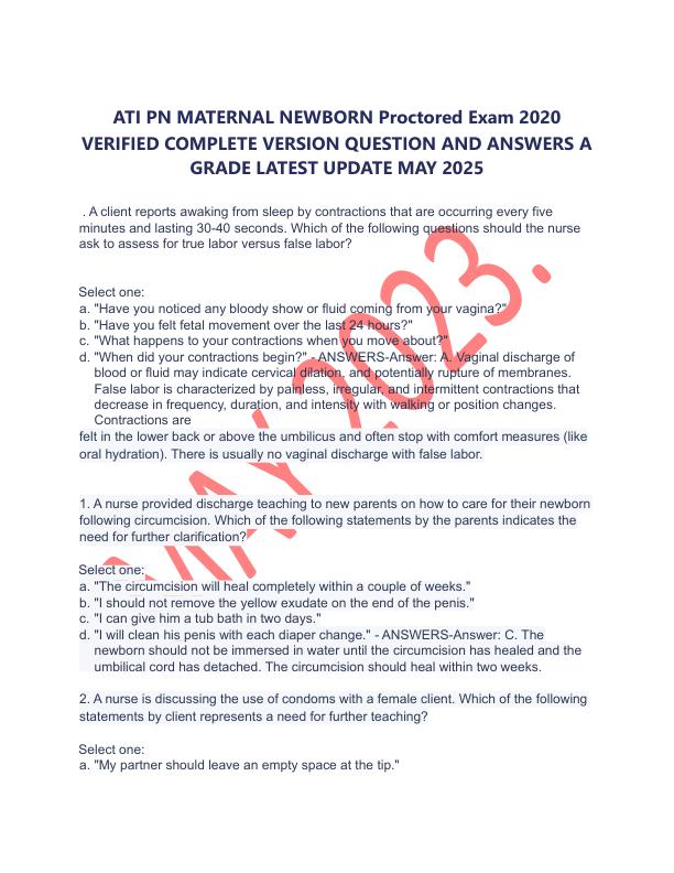 mobile-preview-ATI PN MATERNAL NEWBORN Proctored Exam 2020 VERIFIED COMPLETE VERSION QUESTION AND ANSWERS A GRADE LATEST UPDATE MAY 2025