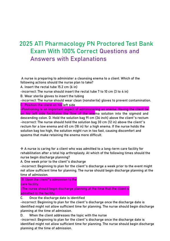 mobile-preview-2025 ATI Pharmacology PN Proctored Test Bank Exam With 100% Correct Questions and Answers with Explanations 