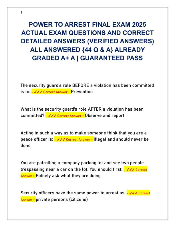 POWER TO ARREST FINAL EXAM 2025 ACTUAL EXAM QUESTIONS AND CORRECT DETAILED ANSWERS