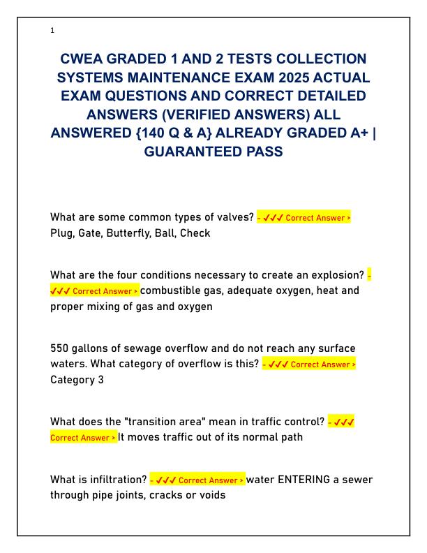 CWEA GRADED 1 AND 2 TESTS COLLECTION SYSTEMS MAINTENANCE EXAM 2025 ACTUAL EXAM QUESTIONS AND CORRECT DETAILED ANSWERS