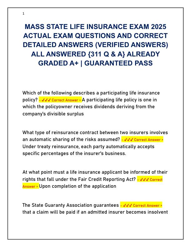 MASS STATE LIFE INSURANCE EXAM 2025 ACTUAL EXAM QUESTIONS AND CORRECT DETAILED ANSWERS