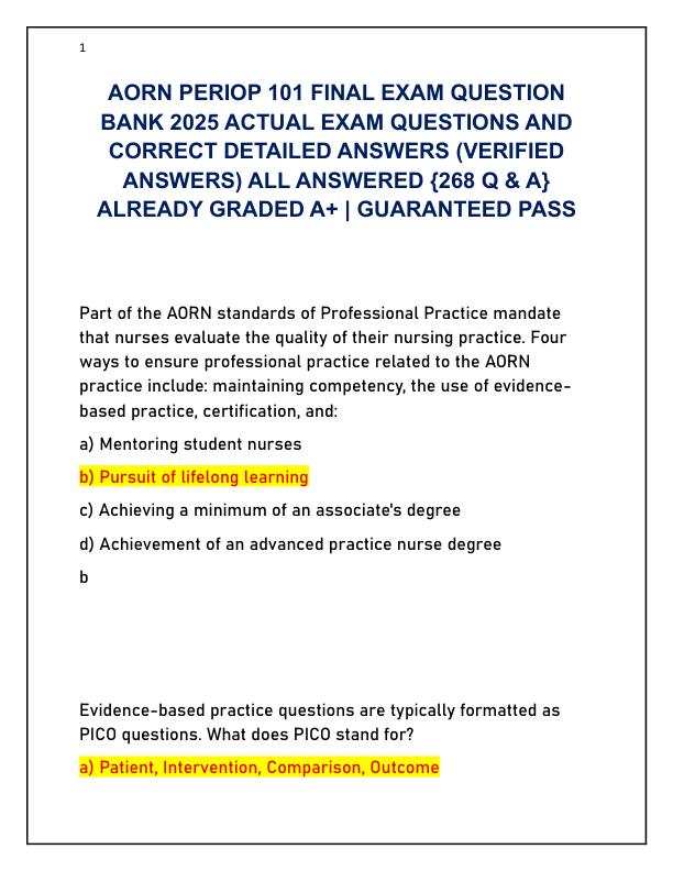AORN PERIOP 101 FINAL EXAM QUESTION BANK 2025 ACTUAL EXAM QUESTIONS AND CORRECT DETAILED ANSWERS