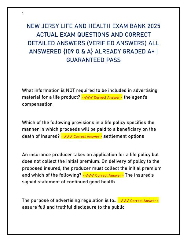 NEW JERSY LIFE AND HEALTH EXAM BANK 2025 ACTUAL EXAM QUESTIONS AND CORRECT DETAILED ANSWERS