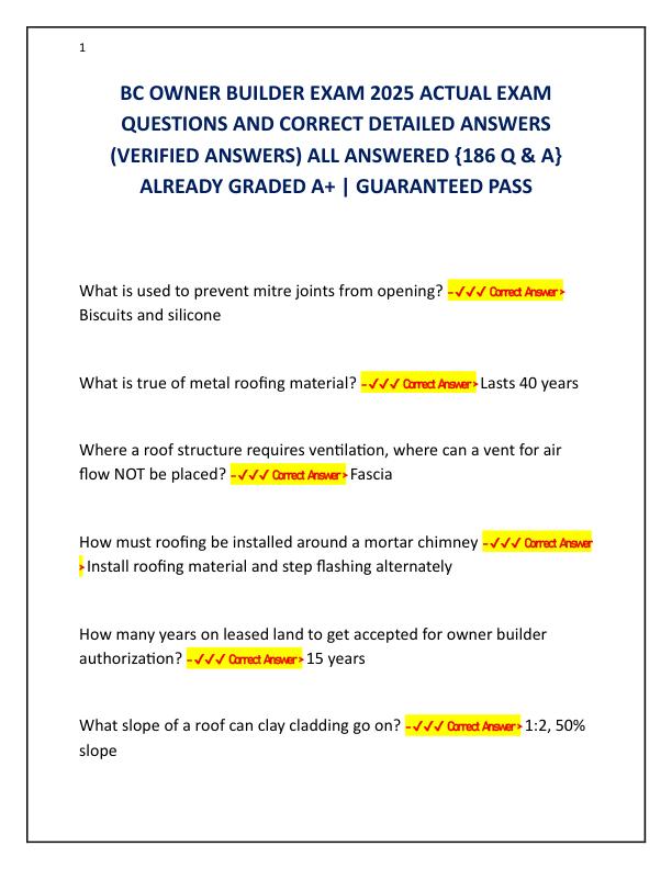 BC OWNER BUILDER EXAM 2025 ACTUAL EXAM QUESTIONS AND CORRECT DETAILED ANSWERS
