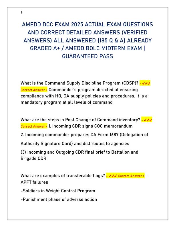 AMEDD DCC EXAM 2025 ACTUAL EXAM QUESTIONS AND CORRECT DETAILED ANSWERS