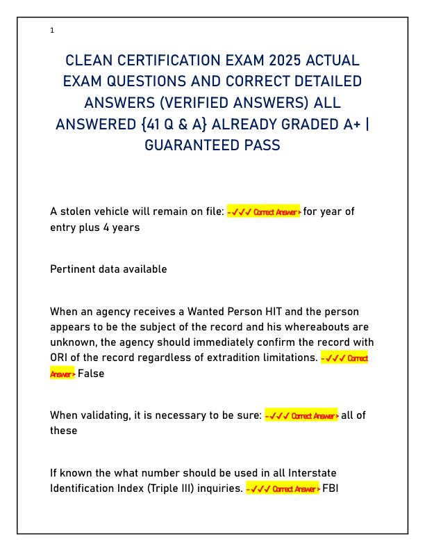 CLEAN CERTIFICATION EXAM 2025 ACTUAL EXAM QUESTIONS AND CORRECT DETAILED ANSWERS