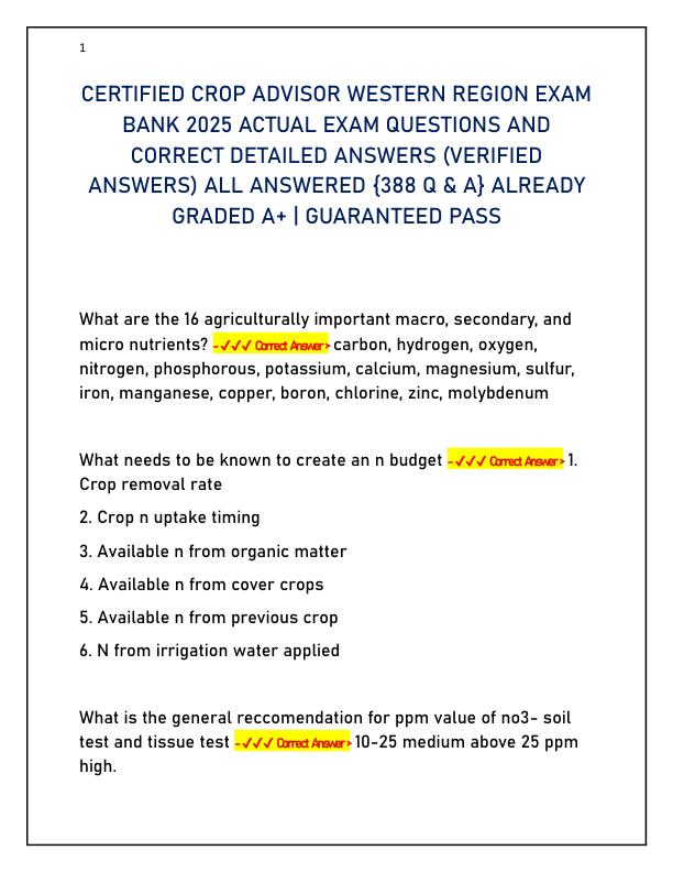 CERTIFIED CROP ADVISOR WESTERN REGION EXAM BANK 2025 ACTUAL EXAM QUESTIONS AND CORRECT DETAILED ANSWERS