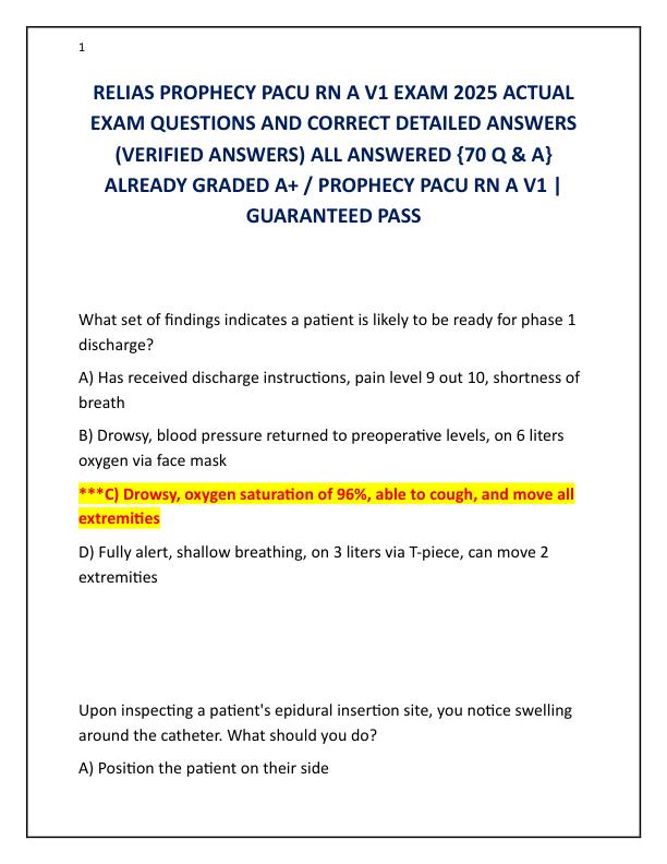 RELIAS PROPHECY PACU RN A V1 EXAM 2025 ACTUAL EXAM QUESTIONS AND CORRECT DETAILED ANSWERS