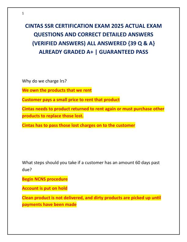 CINTAS SSR CERTIFICATION EXAM 2025 ACTUAL EXAM QUESTIONS AND CORRECT DETAILED ANSWERS