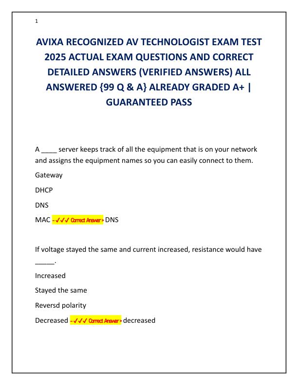 AVIXA RECOGNIZED AV TECHNOLOGIST EXAM TEST 2025 ACTUAL EXAM QUESTIONS AND CORRECT DETAILED ANSWERS