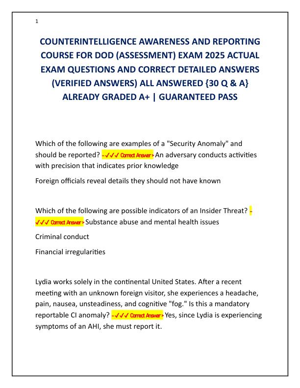 COUNTERINTELLIGENCE AWARENESS AND REPORTING COURSE FOR DOD